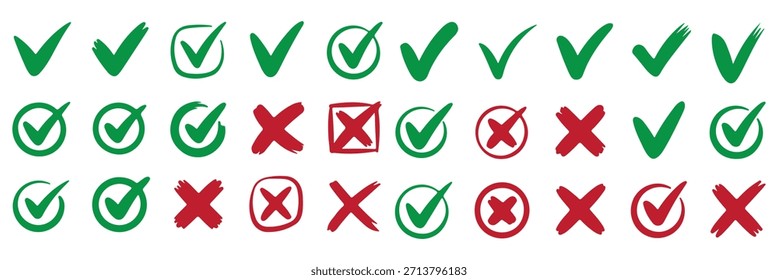 Set green approval check mark and red cross icons collection in circle and square, checklist signs, flat checkmark approval badge,