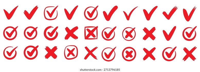 Set green approval check mark and red cross icons collection in circle and square, checklist signs, flat checkmark approval badge,
