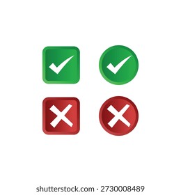 Set green approval check mark and red cross icons in circle and square