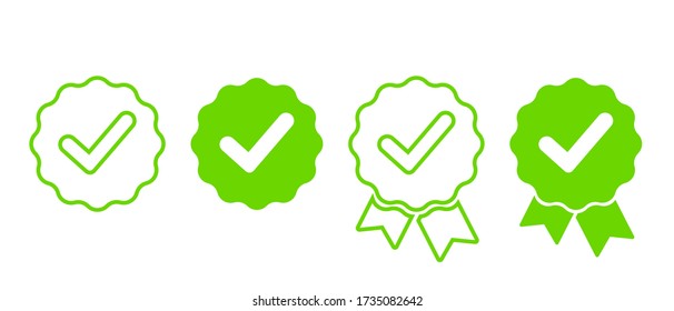 Set green approval check marks vector icon. Approved stamp or medal. Certificate symbol for your web site design.