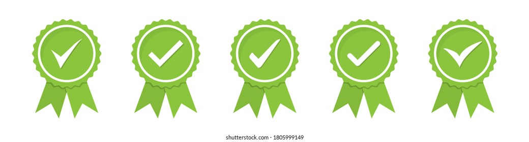 Set of green approved or certified medal icons in a flat design