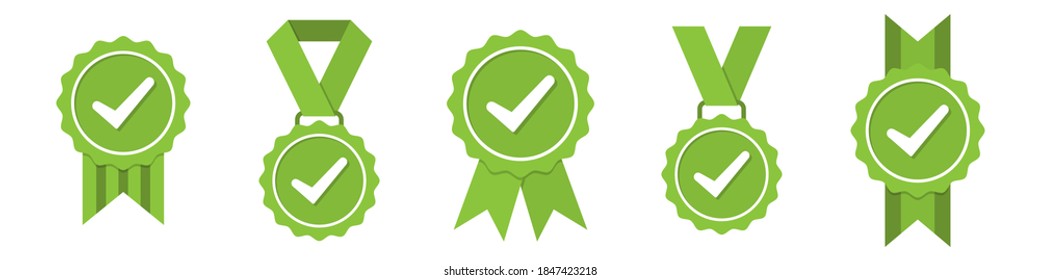 Set of green approved or certified medal icons in a flat design