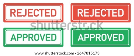 Set of green approved and red rejected stamp icons with solid and outlined styles. Useful for documents, web, apps, forms, or official approval and denial notifications. Vector illustration.