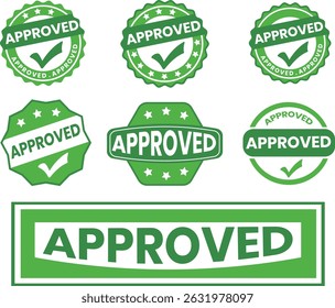 Set of Green Approved Stamps with Check Marks and Stars for Certification