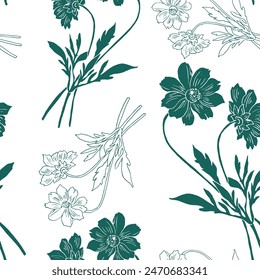 set of green aquilegia vulgaris flowers with blossomed buds and not yet blossomed, branches with leaves, sketch vector graphics color illustration on white background