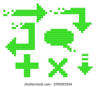 Set of green arrow icons from constructor blocks. Speech bubble and plus sign. Can be used for website or games. Vector illustration isolated on white background.