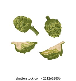 Set of green artichoke icons. Whole and part healthy vegetables and leaves, harvesting. Delicious food for salad and cooking. Vector flat illustration