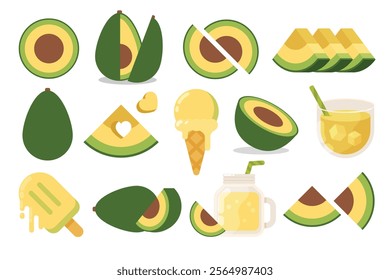 Set of green Avocado, Farm fresh Avocado product emblem for grocery shop, collection of ice cream, Juice jar, glass of juice, ice cream cone and stick, simple flat vector illustration of fruits.