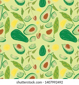 Set of green avocados whole and sliced ​​in halves and slices in a pattern.  With leaves, seeds and sprouts.  With lemon.  For the decor and design of the kitchen and items for cooking