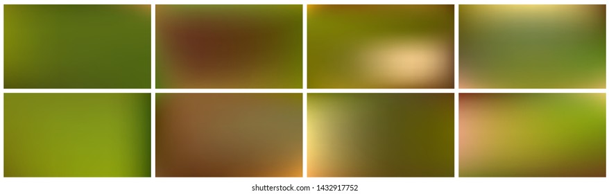 Set of green backgrounds. Smooth and blurry abstract gradient for product presentation, brochure, flyer, poster, banner. Horizontal vector illustrations.