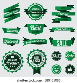 set of green badges , labels and ribbons. flat design concept. branding and sale decoration. vector illustration.