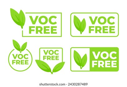 Set of green badges with the text VOC Free and a leaf icon, representing products that do not contain volatile organic compounds.