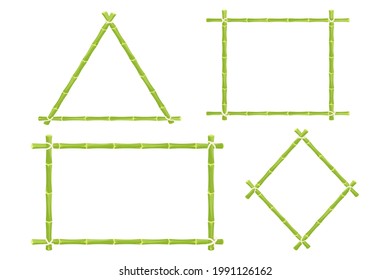Set green bamboo frames, border with rope different shapes in cartoon style. Exotic hawaiian, asian decoration. Empty nature object. Vector illustration
