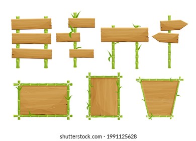 Set of green bamboo frames, signboards from wooden planks in cartoon style isolated on white background. Collection asian decorations with leaves and rope. Vector illustration