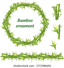 Set of green bamboo, wreath and stems cut on white. Vector bamboo brush.
