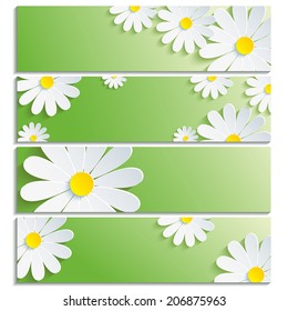 Set of green banners with 3d flower chamomile isolated on white background. Trendy creative wallpaper with flowers chamomiles. Vector illustration