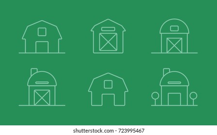 Set of green barn / farm flat icons, outline vector illustration, agricultural theme.