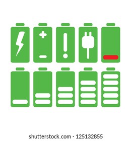  Set of green battery charge on white .