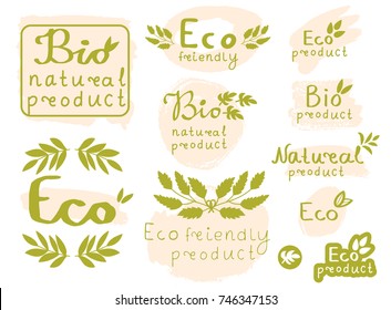 Set of green and beige elements for design with text Natural, Bio, Eco product, grunge brush strokes, branches and leaves. Vector illustration.