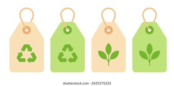 A set of green and beige price tags with recycling and plant symbols in flat vector illustration style, symbolizing the importance of purchasing eco-friendly and sustainable products