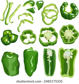 Conjunto de pimiento verde, pimientos dulces, pimiento japonés, pimentón, pimentón, pimienta, pimiento, Ilustración vectorial dibujada a mano aislado