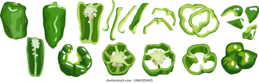 Conjunto de pimiento verde, pimientos dulces, pimiento japonés, pimentón, pimentón, pimienta, pimiento, Ilustración vectorial dibujada a mano aislado