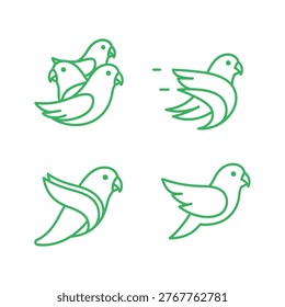 Set of green bird logo icons featuring minimalist line art parrots in flight, ideal for brand identity, nature-themed designs, and modern eco-friendly symbols.