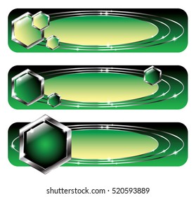 Set of green and black banners with silver elements, with space for your text. Vector illustration, on transparent background.