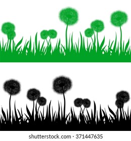 Set of green and black contour spring grass with flowering dandelion on a white background