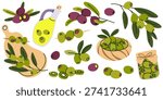 Set of Green and Black Olive vector Elements, oil bottle, jars and snacks. Mediterranean food
