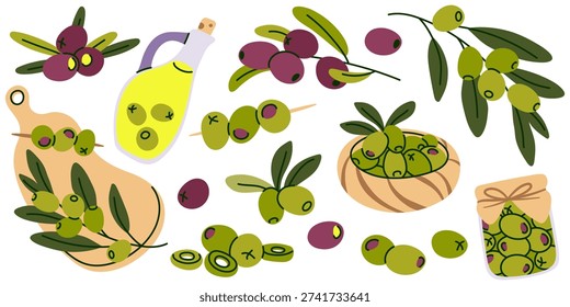 Set of Green and Black Olive vector Elements, oil bottle, jars and snacks. Mediterranean food