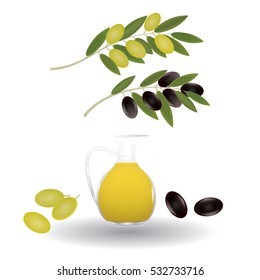 set of green and black olives on a branch with leaves glass jar with oil isolated on white background element for design vector illustration art creative