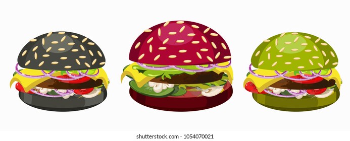 Set of green, black, pink, burgers.  Hamburger, cheeseburger, beefburger, double burger. Delicious fast food. Modern style vector illustration icons. Isolated on white background. 