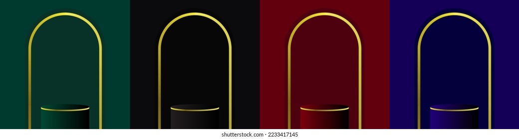 Set of green, black, red and blue realistic 3D cylinder stand podium with luxury arch shape scene background. Abstract vector rendering geometric forms. Mockup product display. Minimal scene