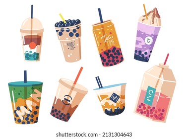 Set of Green or Black Tea and Coffee with Bubbles. Cold Drink Splashing in Takeaway Plastic or Glass Cup with Lid and Straw. Healthy Matcha Beverage Advertising for Cafe, Cartoon Vector Illustration