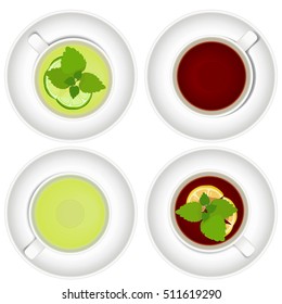 Set of green and black tea cups with lemon, lime and mint. Tea cup on white background vector illustration.Top view.