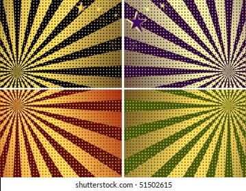 Set green, black, violet and red card with rays and balls and stars (vector)