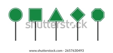 Set of green blank road signs in circle, square, triangle, diamond, and octagon shapes on poles, commonly used as editable traffic signage templates or wayfinding icons
