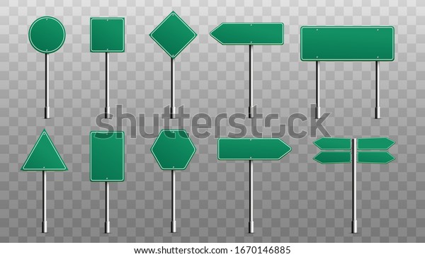 Set of green blank road\
signs and direction arrows of various shapes, realistic vector\
illustration isolated on transparent background. Street traffic or\
highway boards.