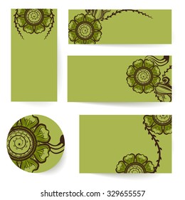 Set of green blanks for your design, vector templates with hand drawn mehndi floral elements, natural style.