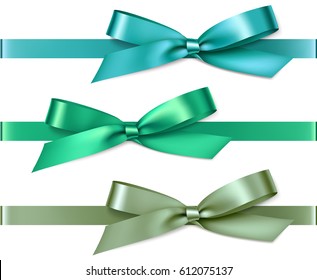 Set of green and blue bows with horizontal ribbons isolated on white