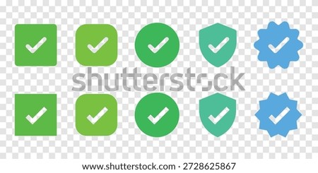 Set of green and blue checkmark icons in various shapes: square, circle, shield, and starburst. Checkmark icons for approval, validation, and confirmation. Vector element set.