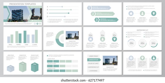 Set of green and blue elements for multipurpose presentation template slides with graphs and charts. Leaflet, corporate report, marketing, advertising,  book cover design.