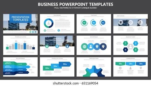 Set of green and blue elements for multi-purpose presentation template slides with graphs and charts. Leaflet, corporate report, marketing, advertising,   book cover design.