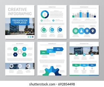 Set of green and blue elements for multipurpose a4 presentation template slides with graphs and charts. Leaflet, corporate report, marketing, advertising,   book cover design.