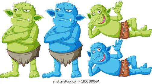 Conjunto de goblin o troll verde y azul parados y tendidos con diferentes caras en caricatura personaje ilustración aislada