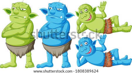 Set of green and blue goblin or troll standing and lying with different faces in cartoon character isolated illustration