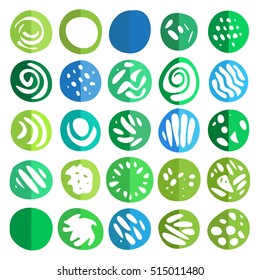 Set Of Green and Blue Hand Drawn Circle Elements In Flat Style.