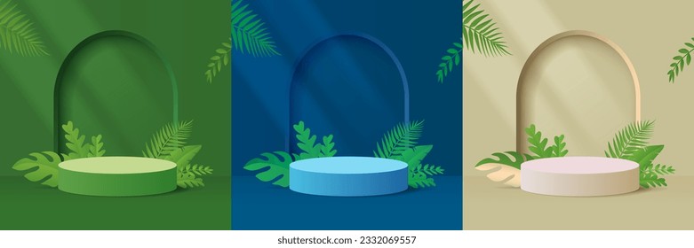 Set of green, blue, light yellow and white 3d podium in arch window and nature background. Studio room with geometric platform. Minimal wall scene for products showcase, Promotion display. 