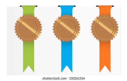 The set of green, blue and orange ribbon with blank seal / Three blank seals / Seals